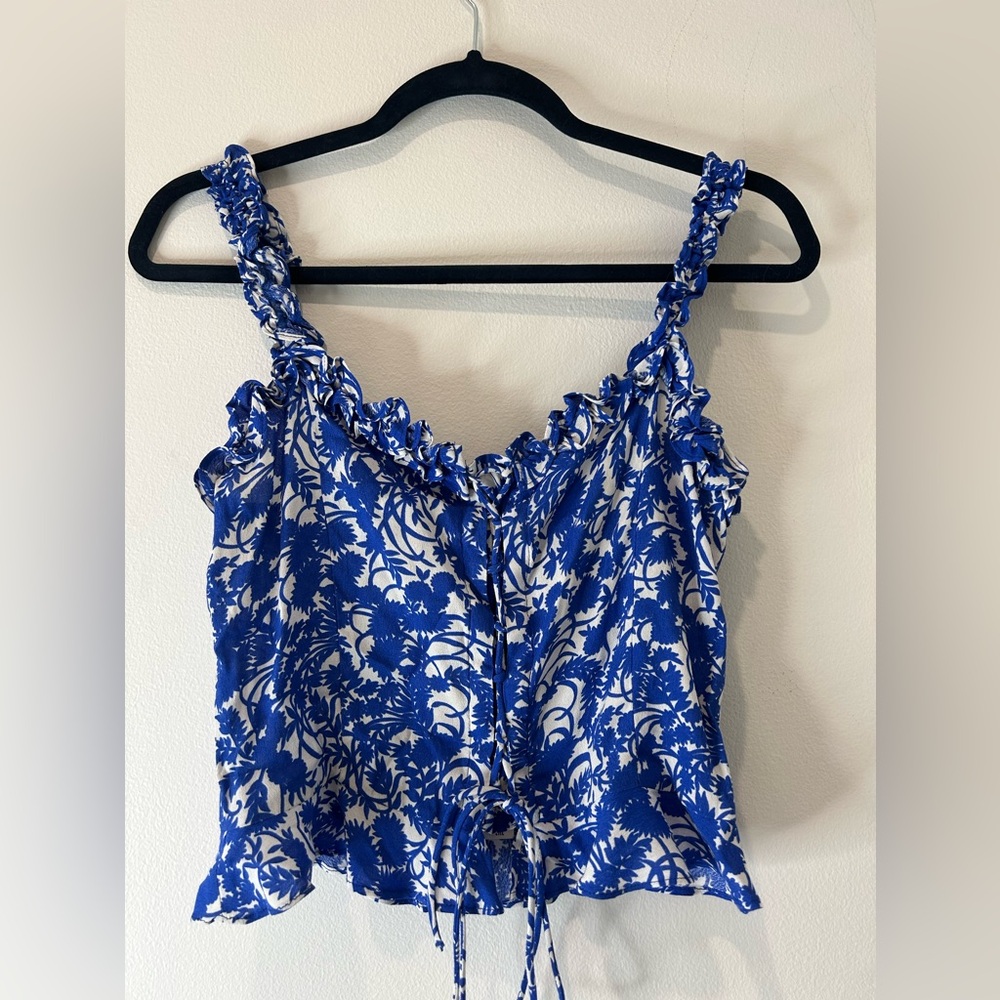 ZARA - Floral Print Lace Up Cropped Tank Top Frill Ruffle Size XS